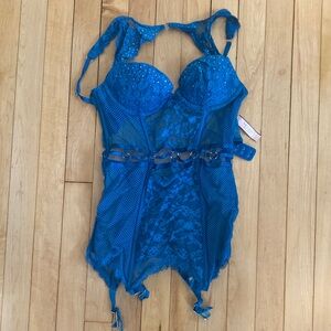 Victoria's Secret Teal Mesh Corset Lingerie w/ Rhinestones 34B